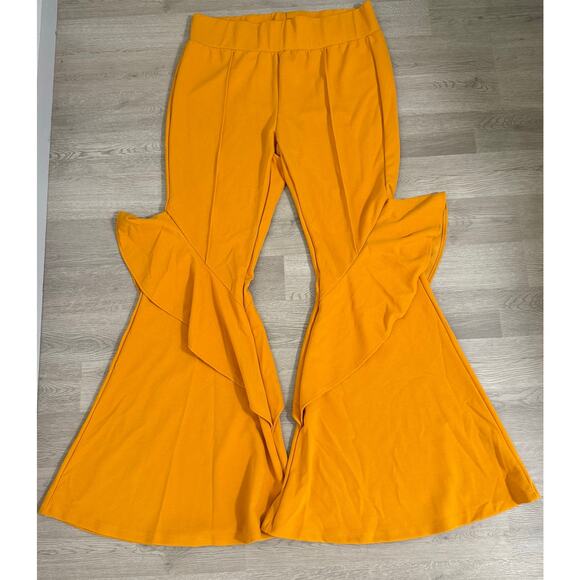 L & B Lucky & Blessed Women's Yellow Mustard Ruffle Flare Pants 3X - Picture 1 of 9